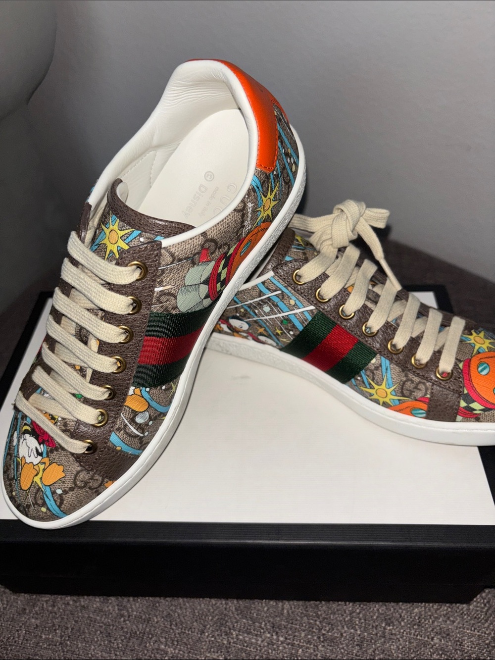 Gucci Brown Canvas Disney Print Ace Sneakers with Red-Green Web and Orange Heel